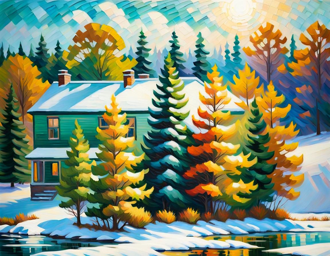 Snowy Lake Landscape in Expressionist Style