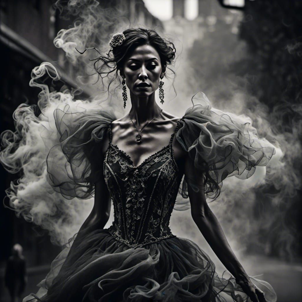 Woman Fading into Smoke: Hyperrealistic Black and White