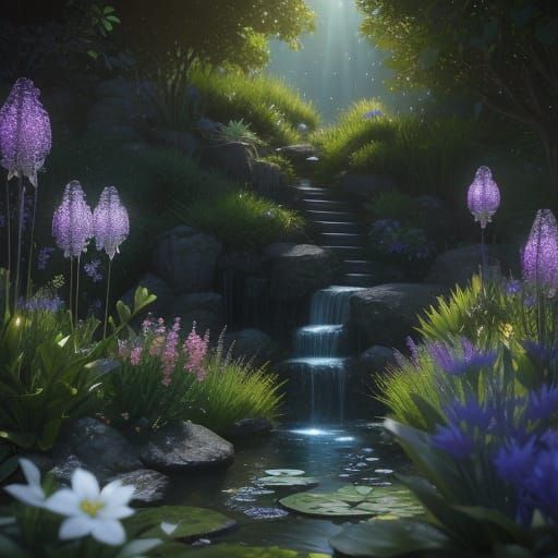 Baby Fox in Fantastical Garden Amidst Thunderstorm