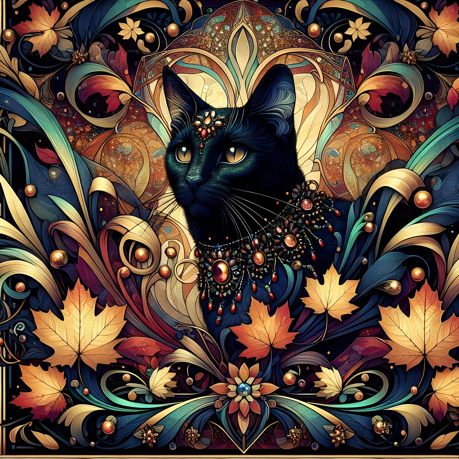 Art Nouveau Black Cat with Autumn Leaves