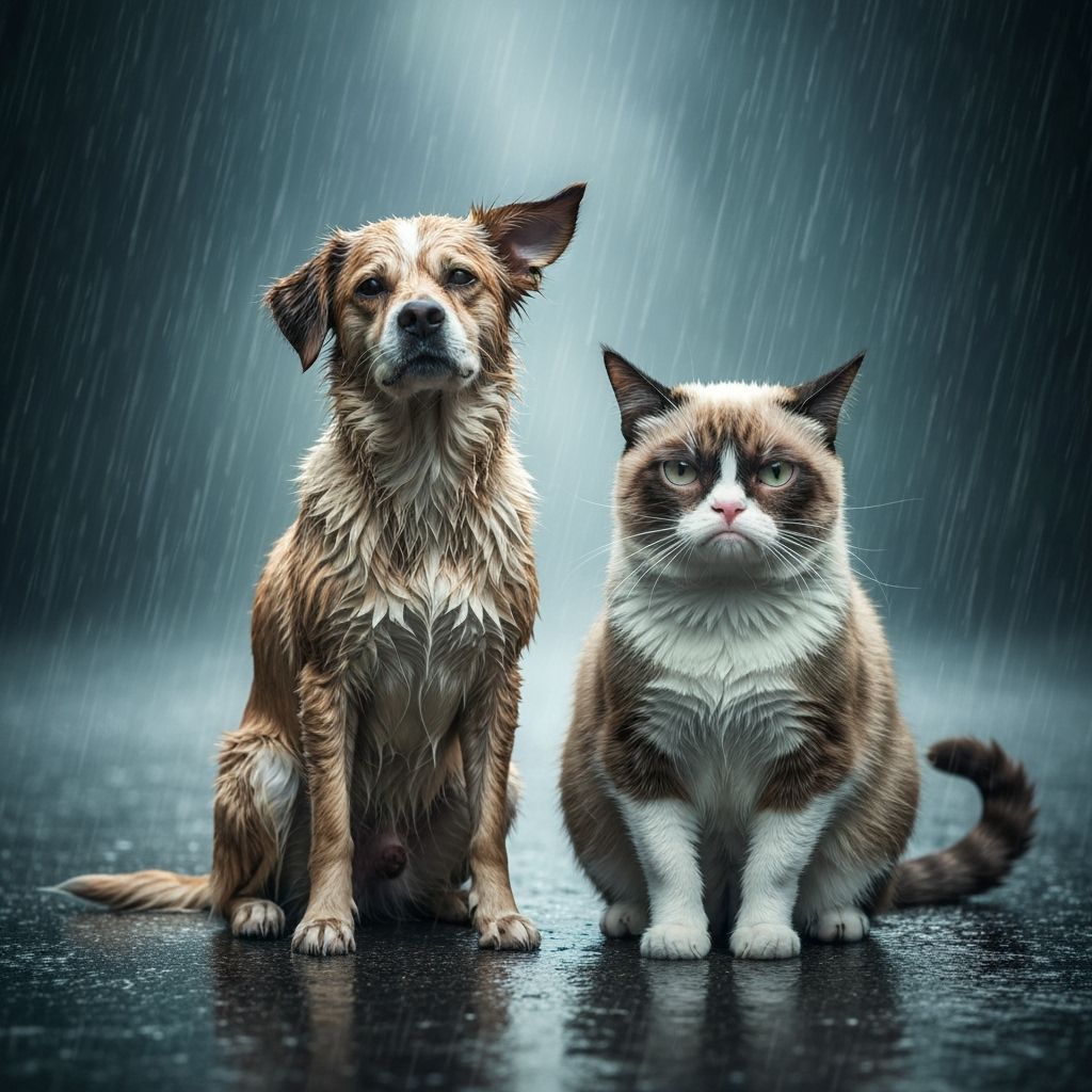 Wet Dog and Grumpy Cat in Rainy Scene
