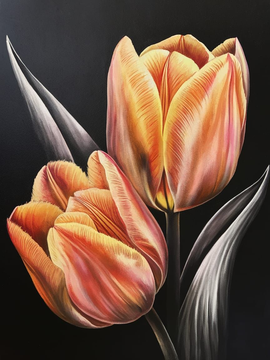 Tulips Illuminated in Warm Hues Against a Dramatic Gray and....
