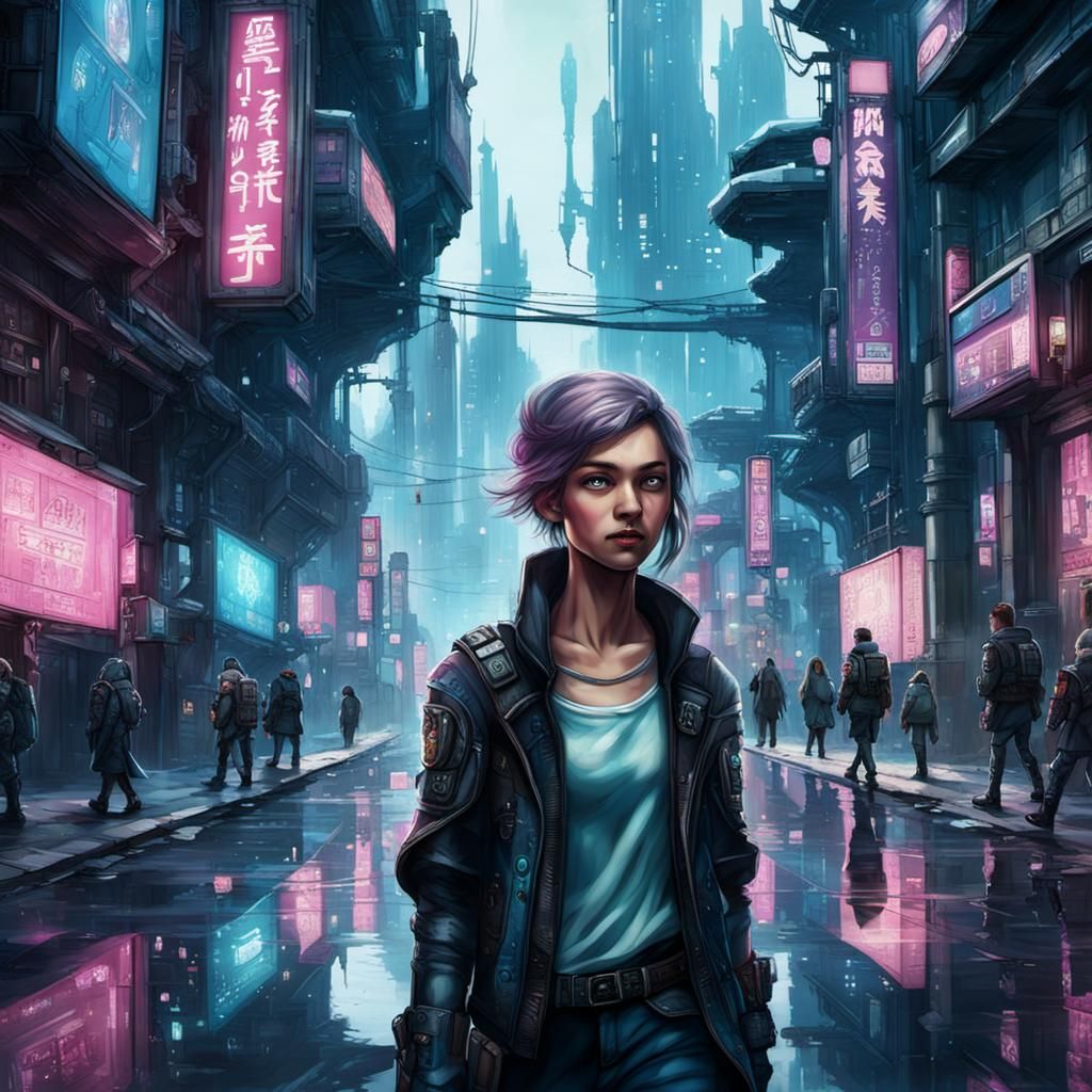 Princess Walking in Cyberpunk City: A Digital Masterpiece