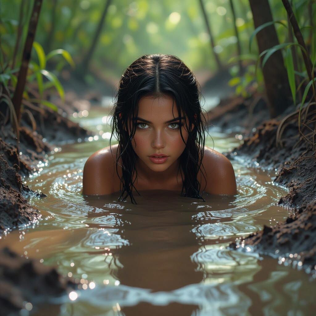 Dark Haired Girl Sinks in Swamp Mud