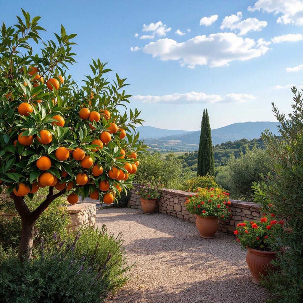Mediterranean Garden With Oranges And Prickly Pears