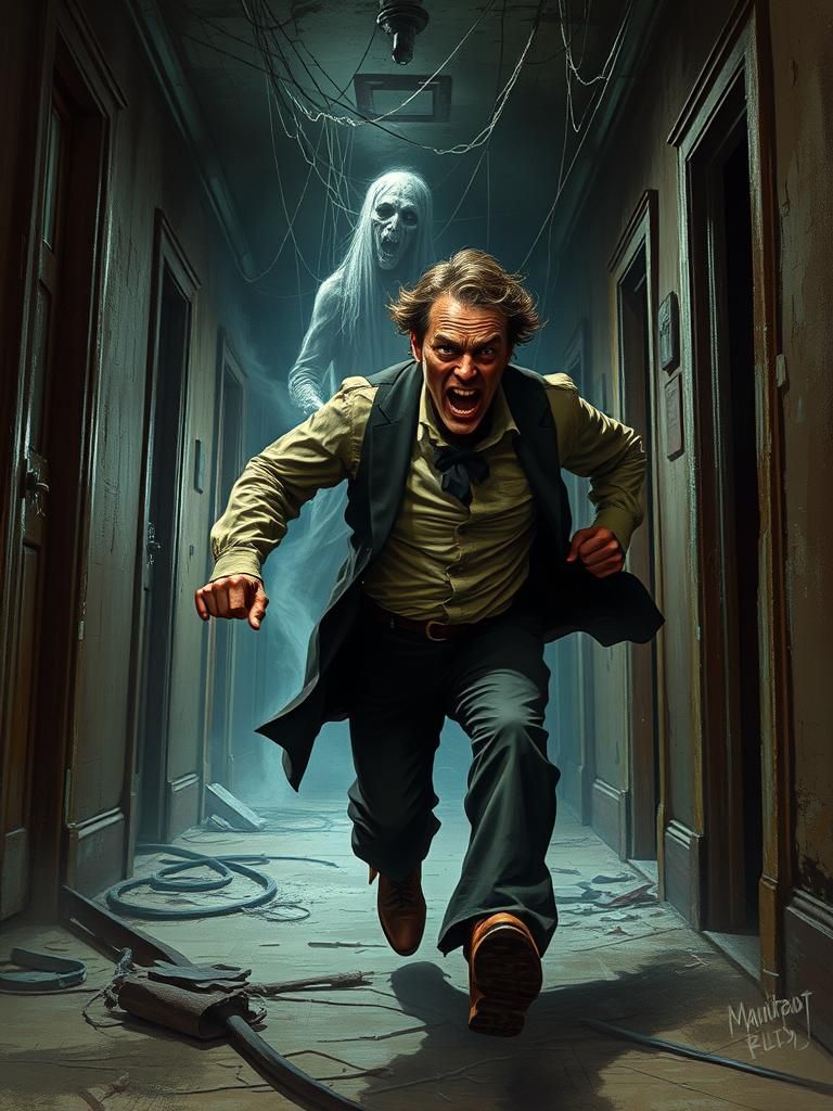 Frightened Man Escaping Ghost in Decaying Mansion