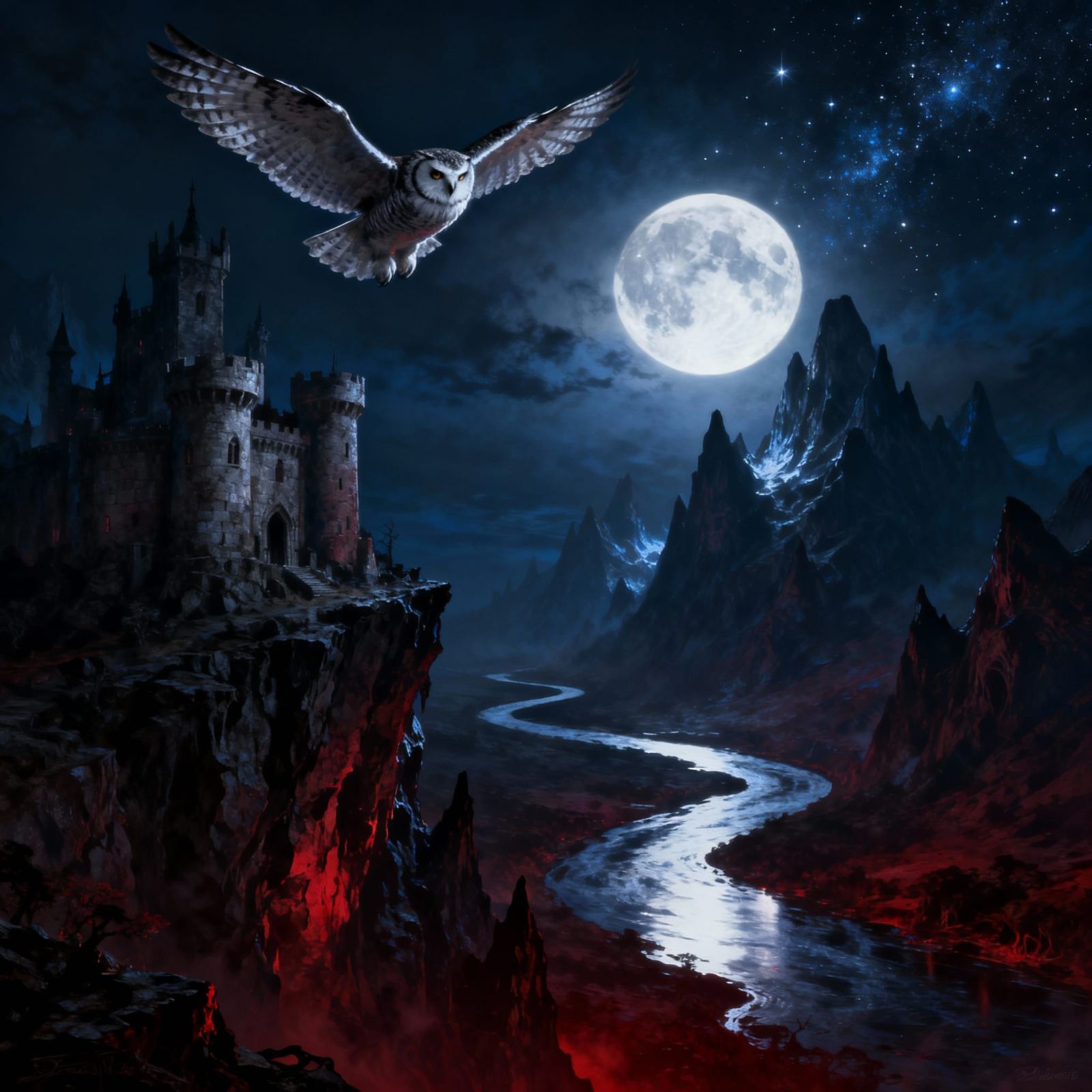 Majestic Owl Soars Over Moonlit Castle Landscape
