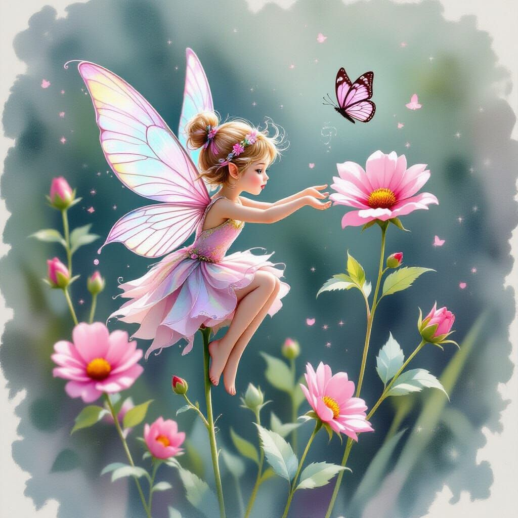 Tiny Fairy Causes Flower Stem to Droop in Watercolor Style