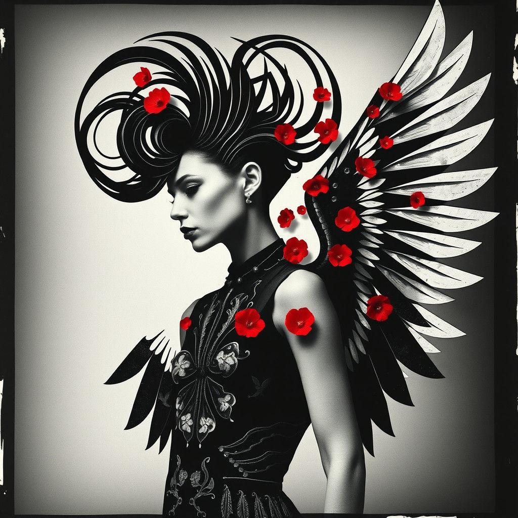 Geometric Winged Model in Dadaist Photogram Style