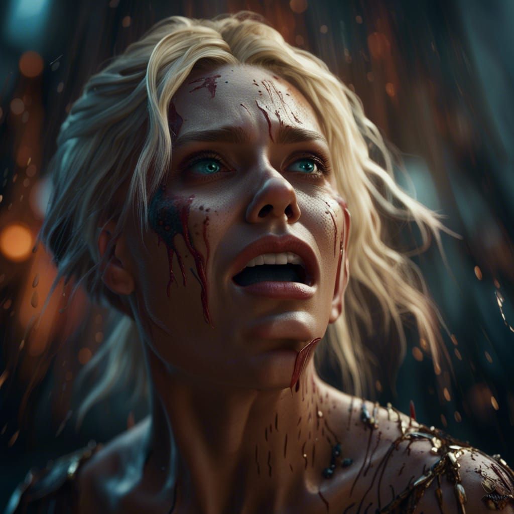 Distressed Blonde Woman: Detailed Cinematic Masterpiece