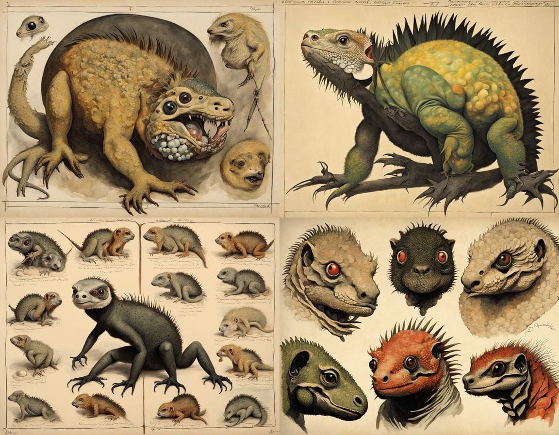 Deformed Homunculus Iguana in Cyberpunk Aesthetic