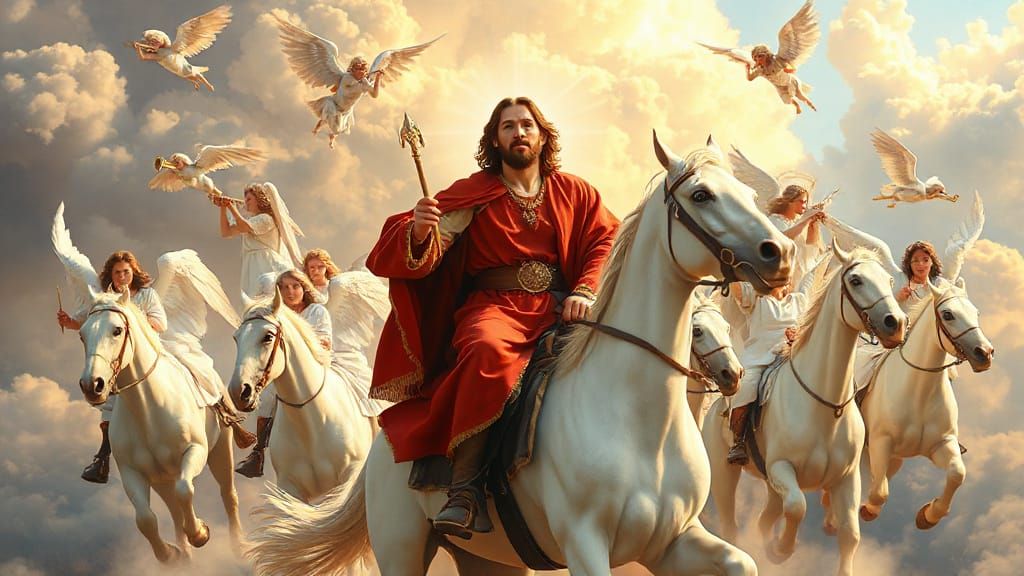 Jesus Christ Rides White Horse in Heavenly Scene