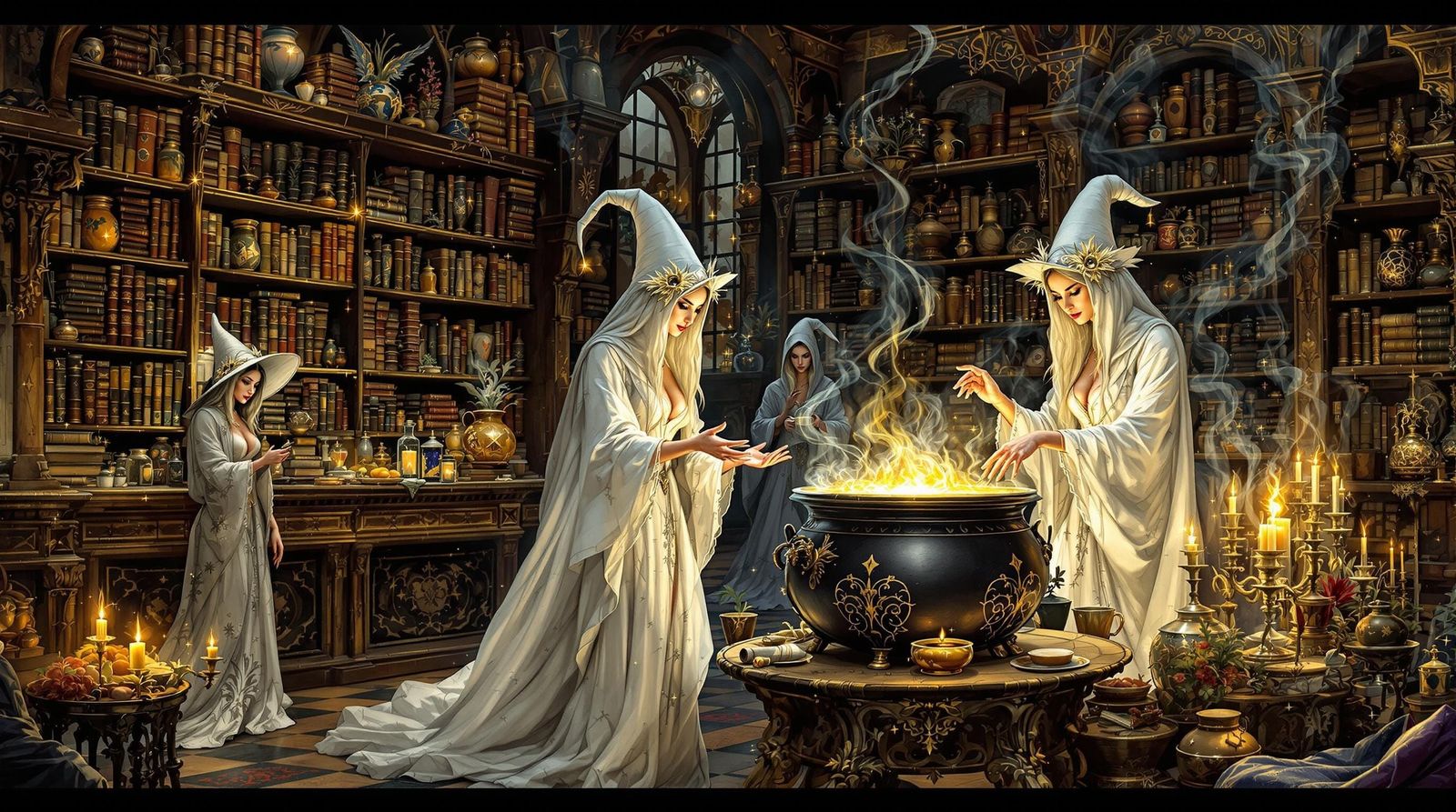 Witches Brewing Potions in Mystical Library