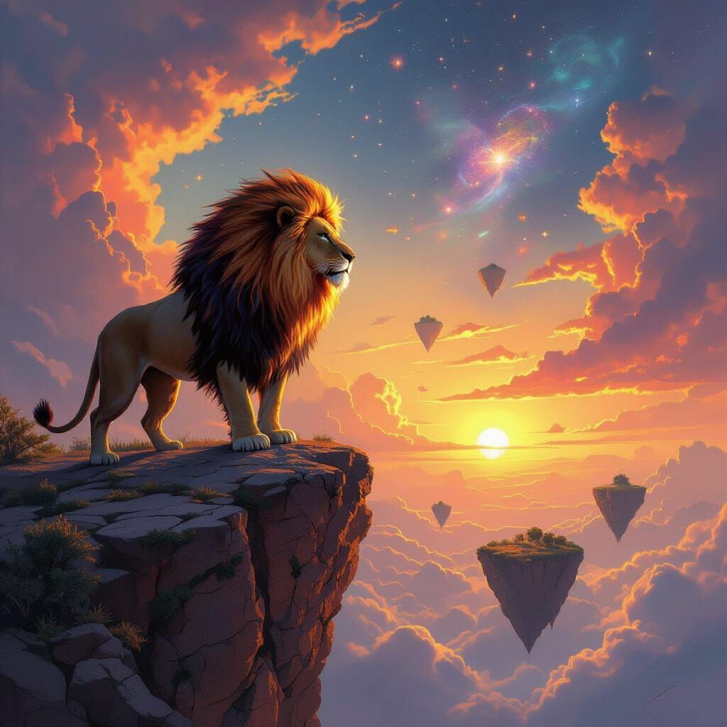 Fiery Lion Overlooking Floating Islands in Fantasy Style