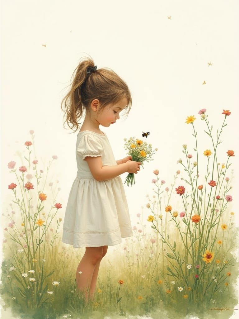 Serene Young Girl in a Vibrant Meadow Landscape