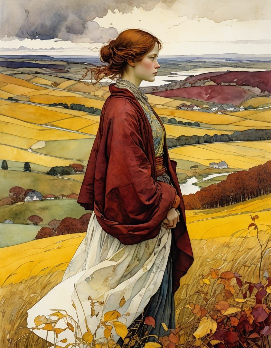 Autumn Goddess in Burgundy and Gold, Watercolor Stormscape