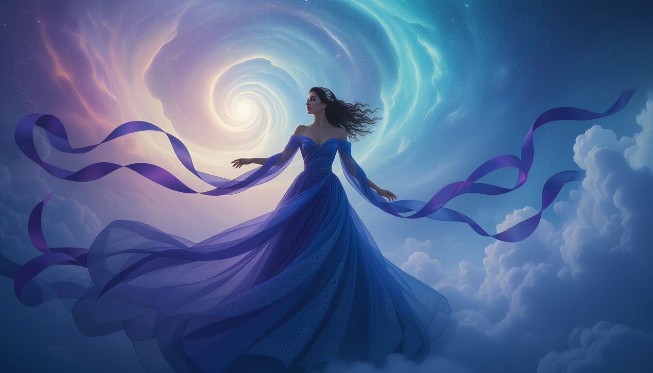 Woman in Flowing Gown Amidst Cosmic Aurora