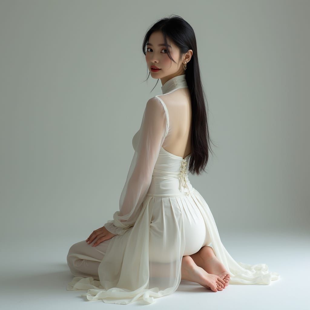 East Asian Woman Posing in White Áo Dài