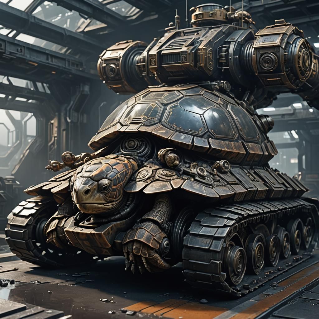 Sci-Fi Tortoise in Futuristic Tank: Detailed Illustration