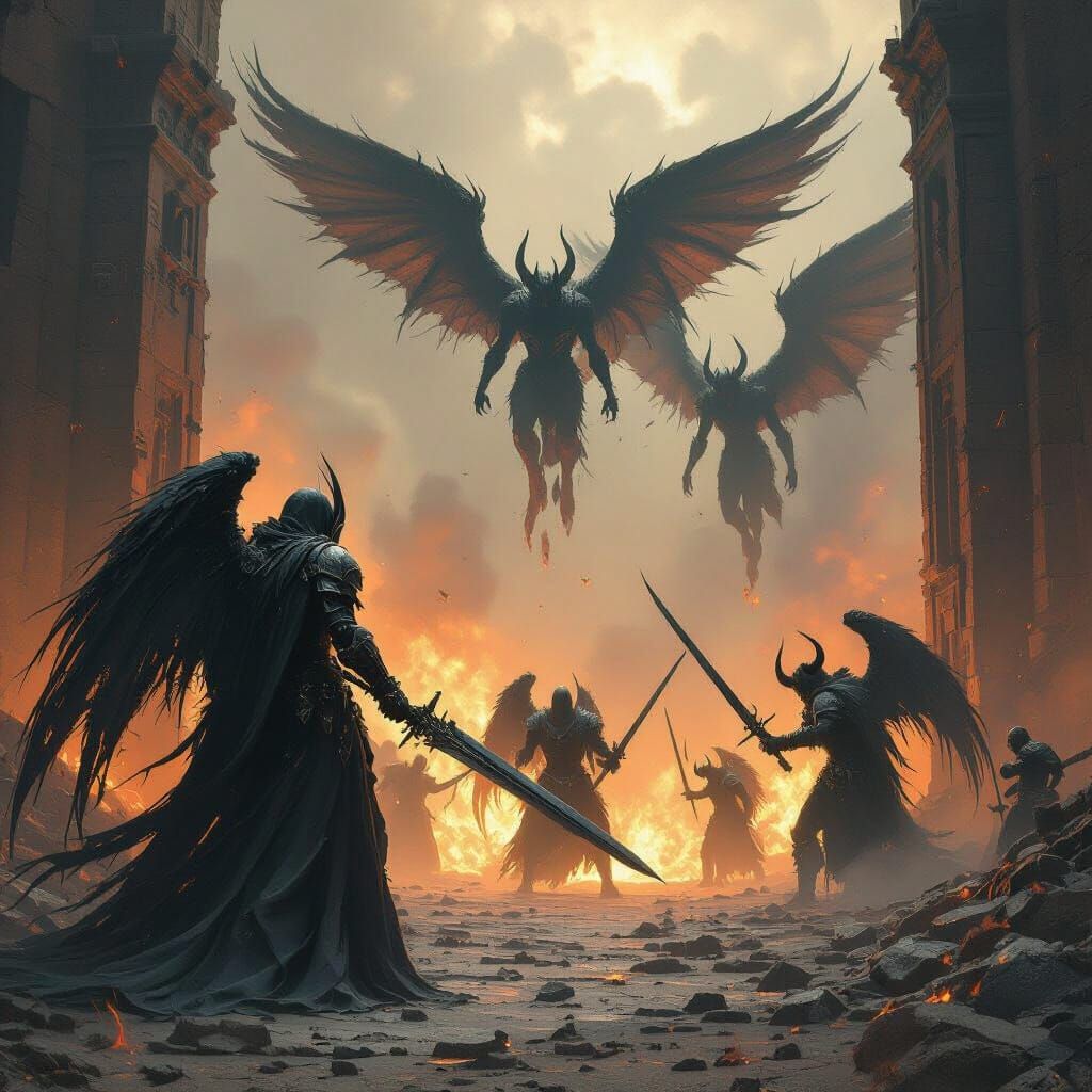 Dark Angel Warrior Battles Demons at Underworld Gates