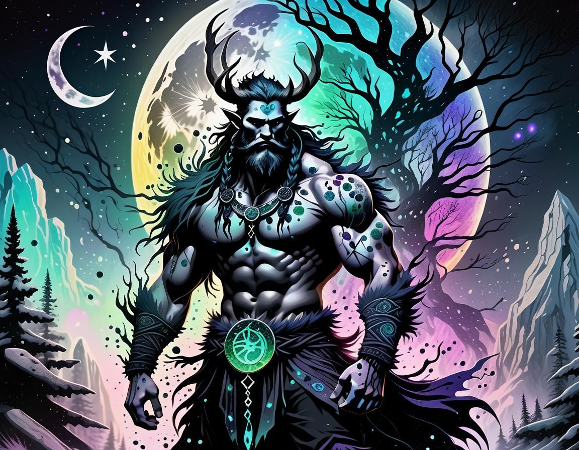 Druid Surrounded by Runes in Pastel Goth Style