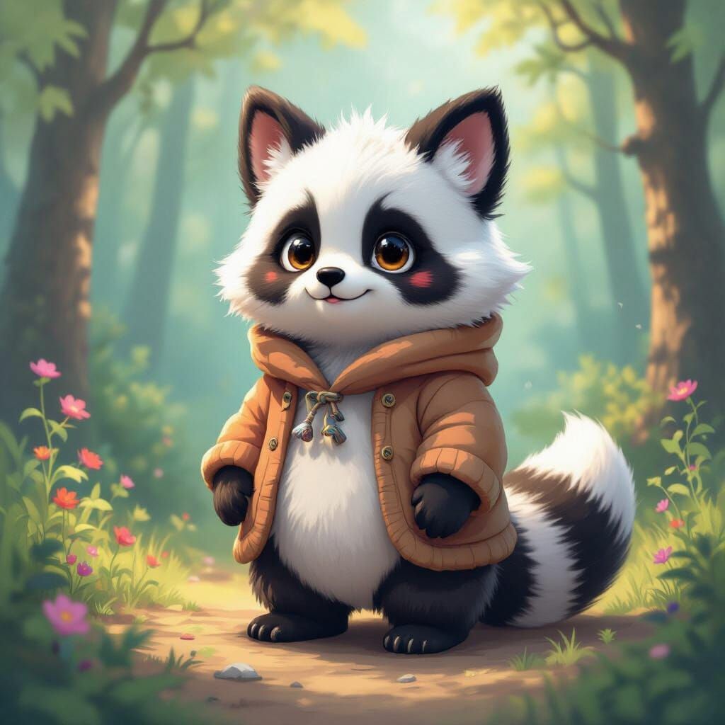 Fox-Raccoon-Panda Hybrid in Whimsical Forest, Blended Art St...