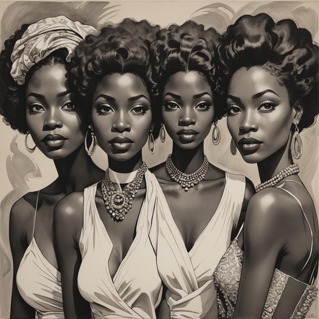 Three Women in Hirschfeld Caricature Style