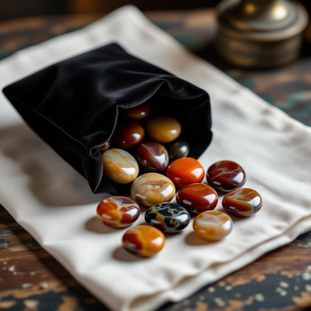 Sardonyx Stones Spill from Velvet Bag: Hyperrealistic Art