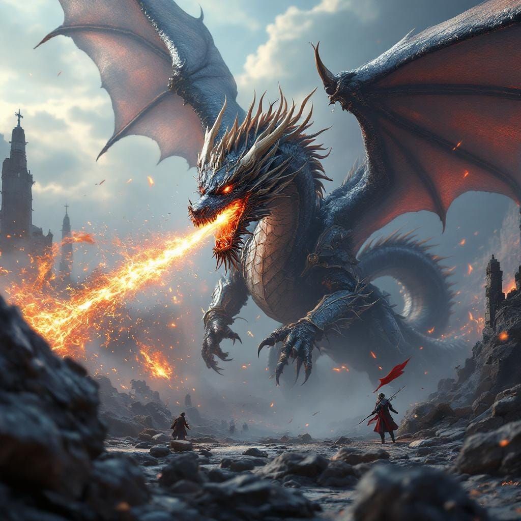 Armored Dragon in War-Torn Anime Landscape