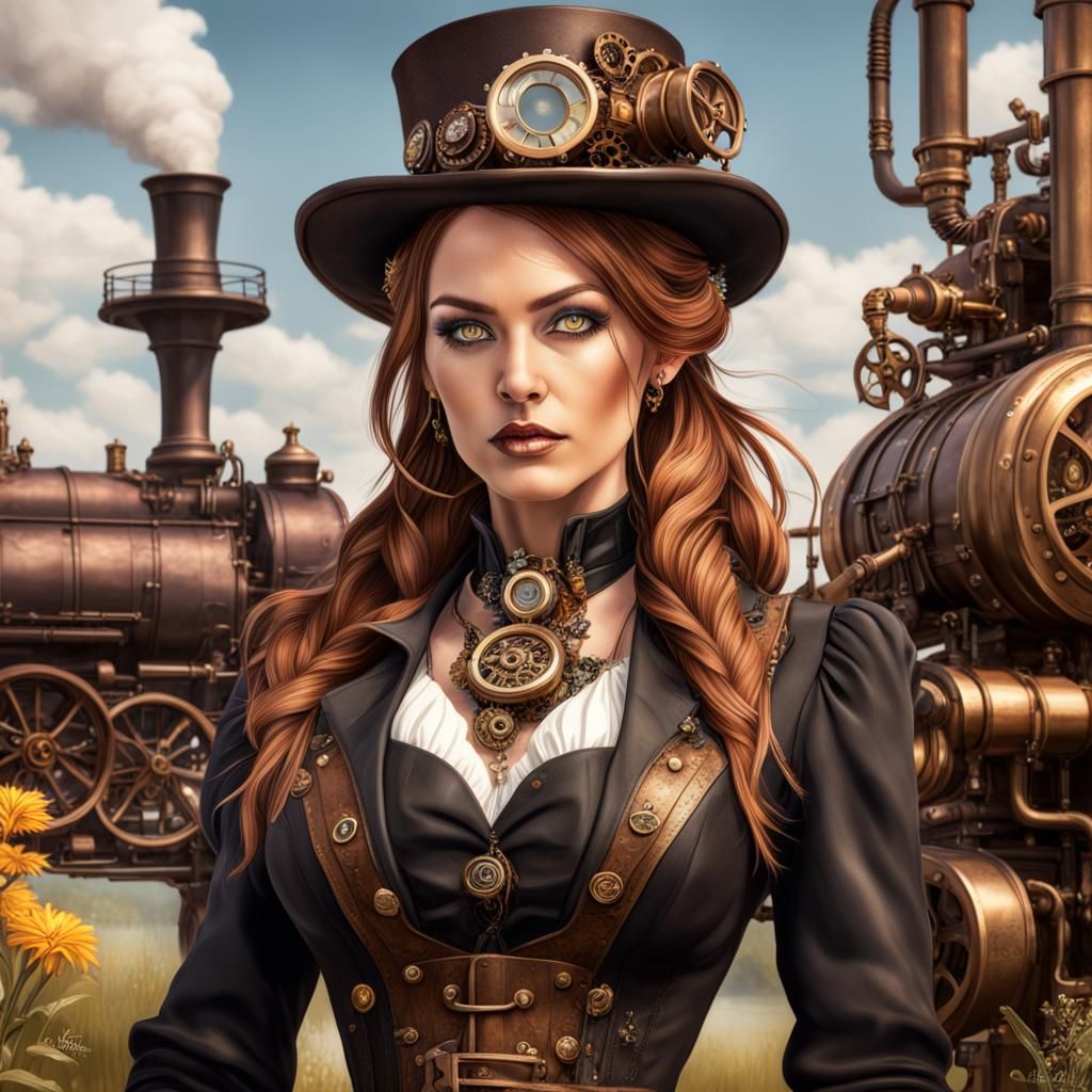Beautiful Amish Steampunk woman dressed in an Steampunk outfit