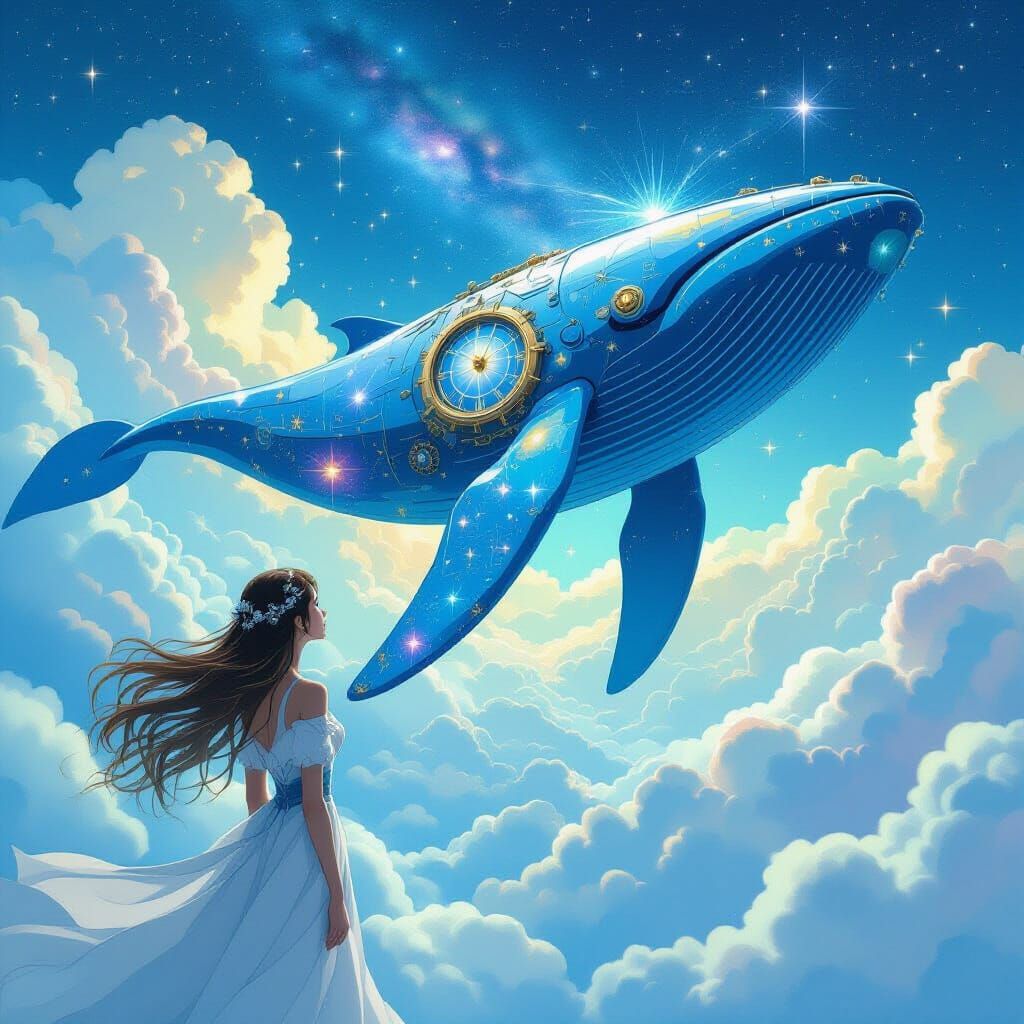 Clockwork Whale Breaching Clouds with Celestial Patterns