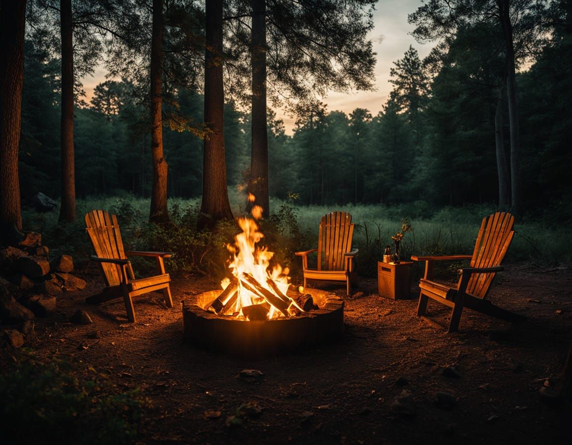 Warm Golden-Lit Campfire Scene in a Serene Rural Backyard