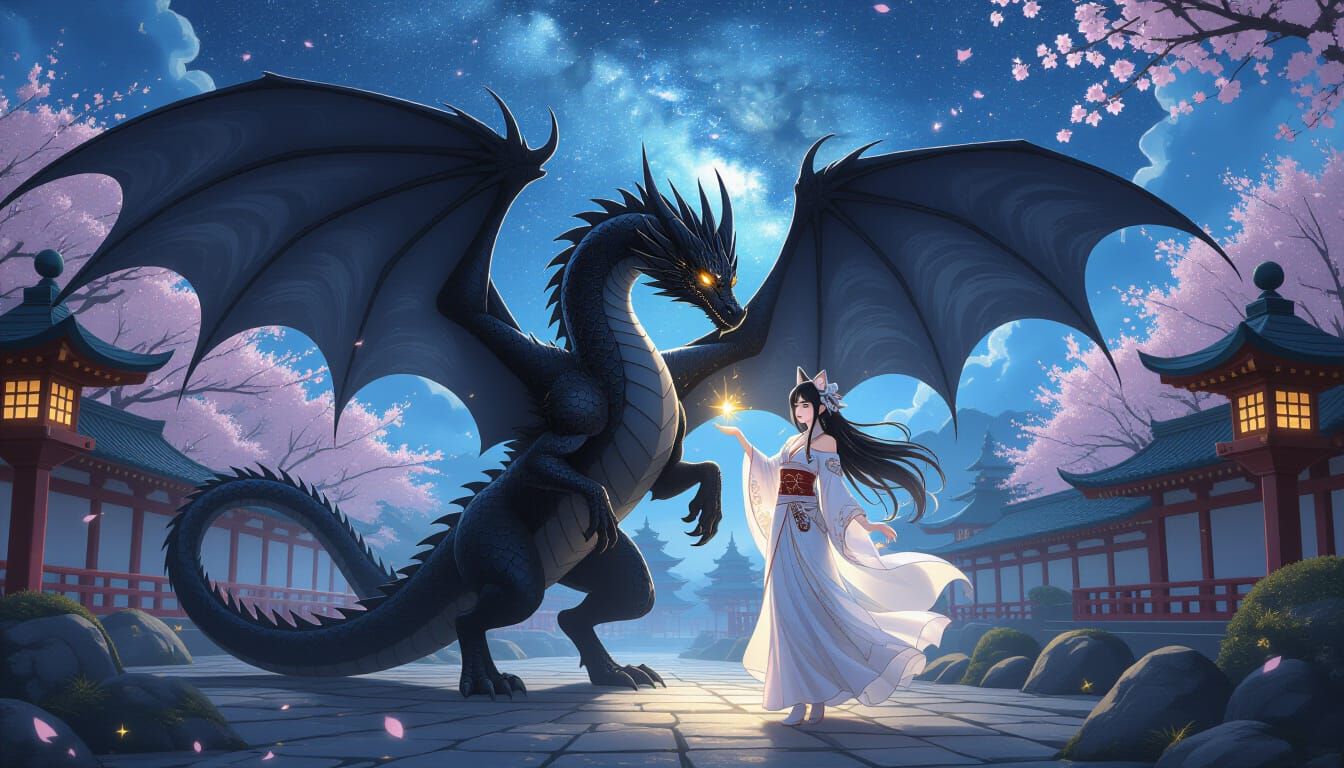 Majestic Black Dragon Dances with Cat Spirit in Moonlit Gard...