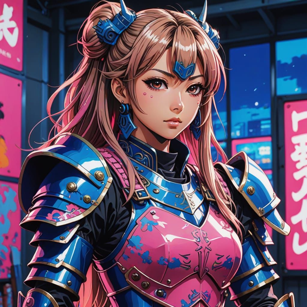 Vibrant Gyaru Girl Samurai in Neon Armor, 90's Anime Style