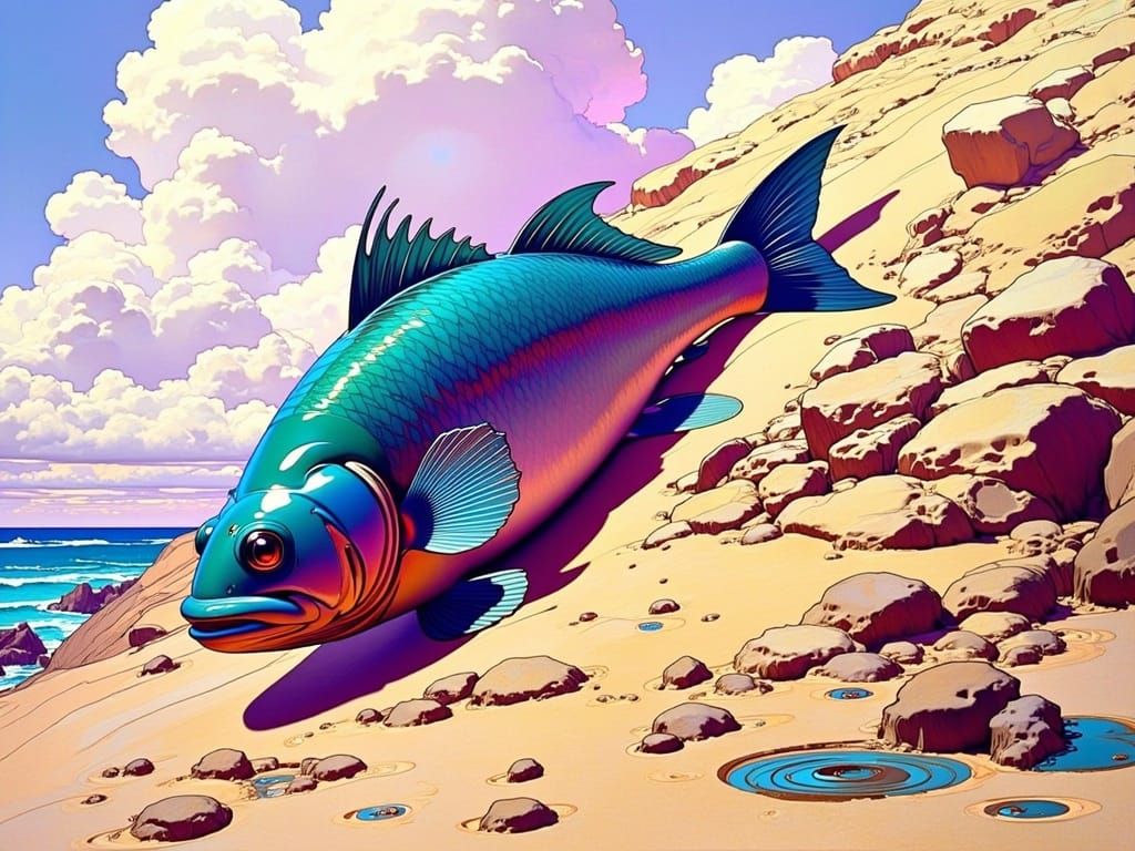 Surreal Bass Tumbles Down a Distorted Hill in Art Nouveau St...