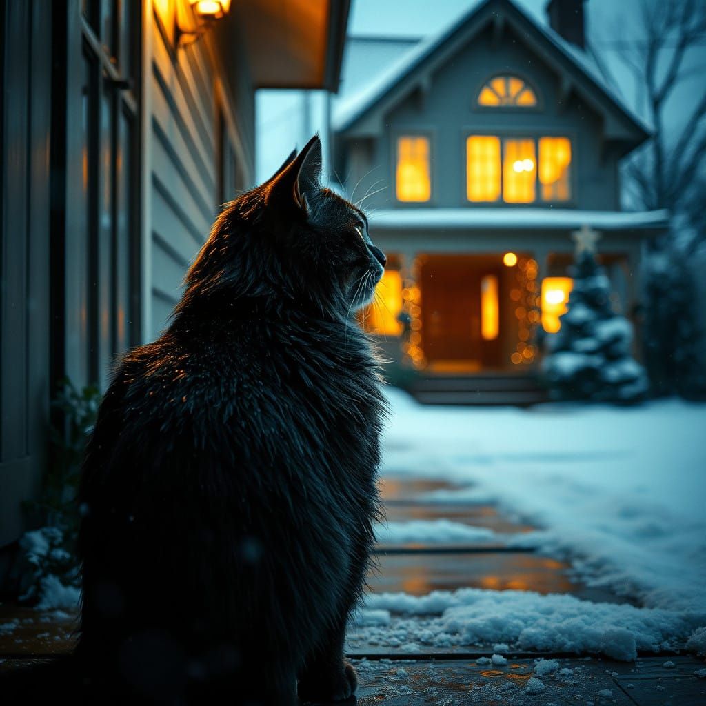 Spectacularly Beautiful Drenched Cat on Snowy Porch at Chris...
