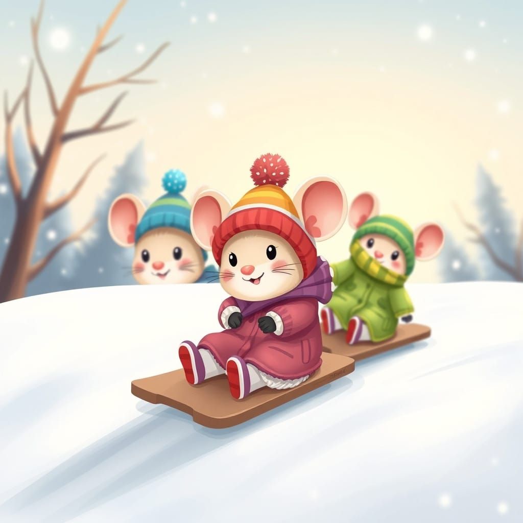 Cute Mice Sled Down Winter Hillside