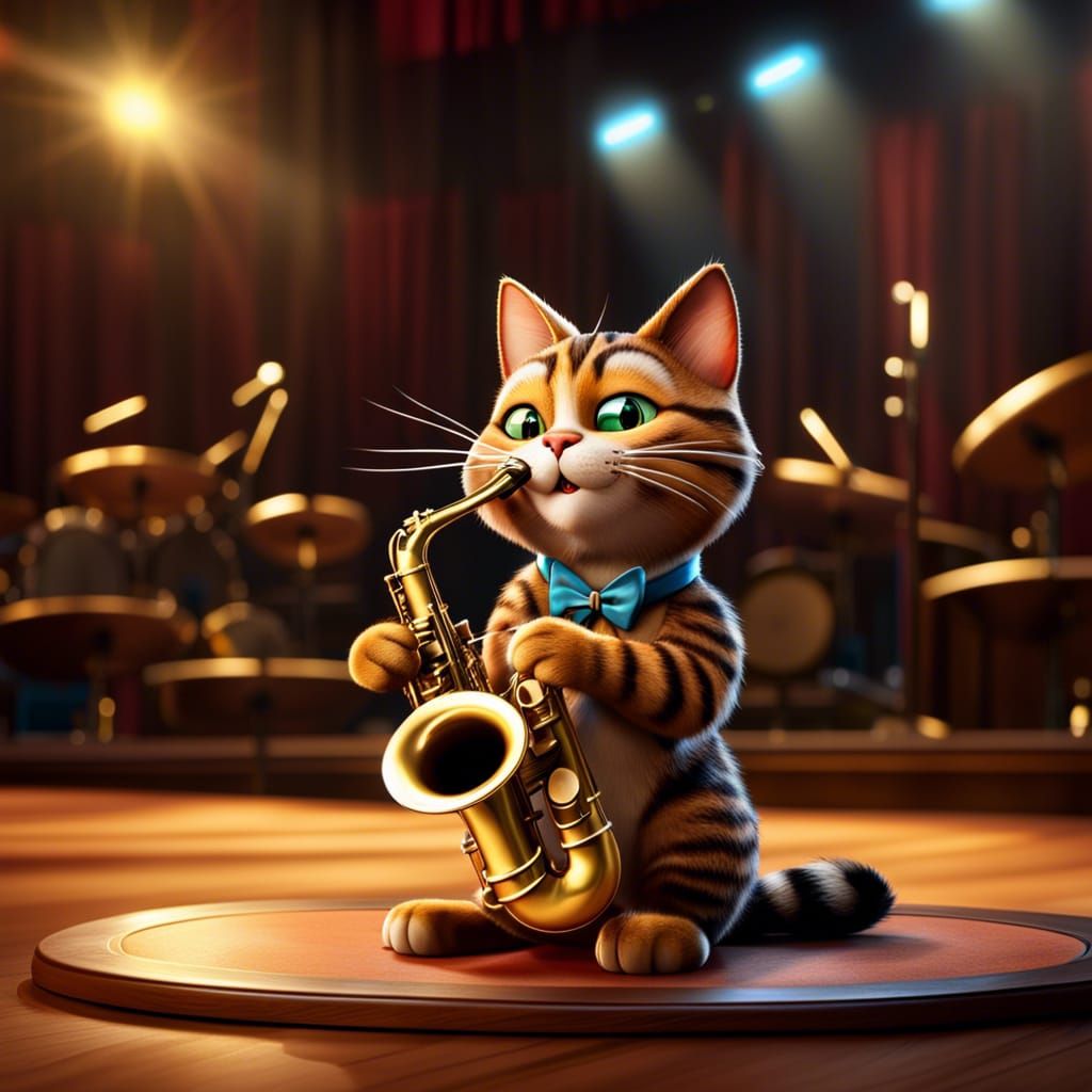 Cartoon Cat Saxophonist on Stage in HDR