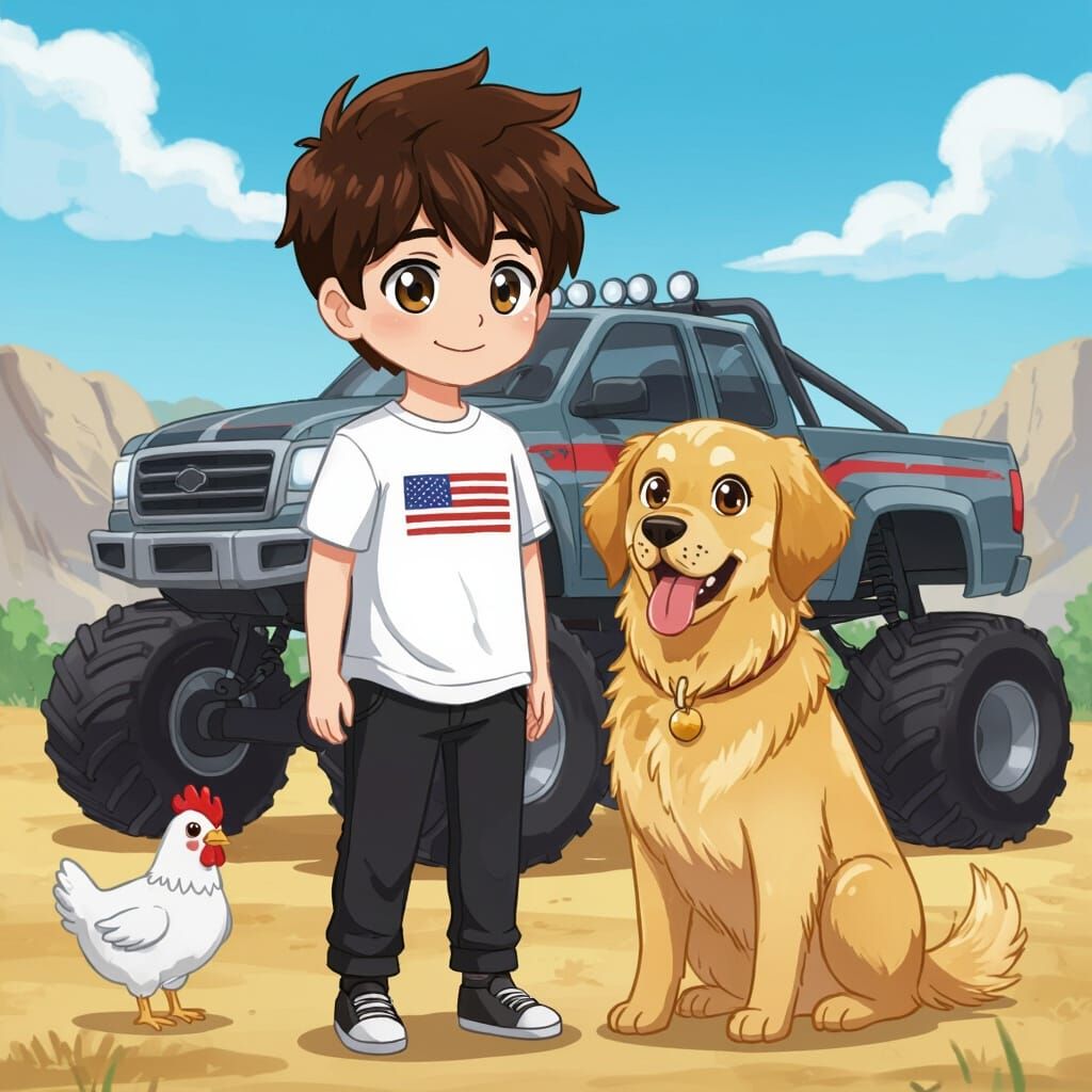 Boy with Dog, Monster Trucks, and Chickens in Anime Style