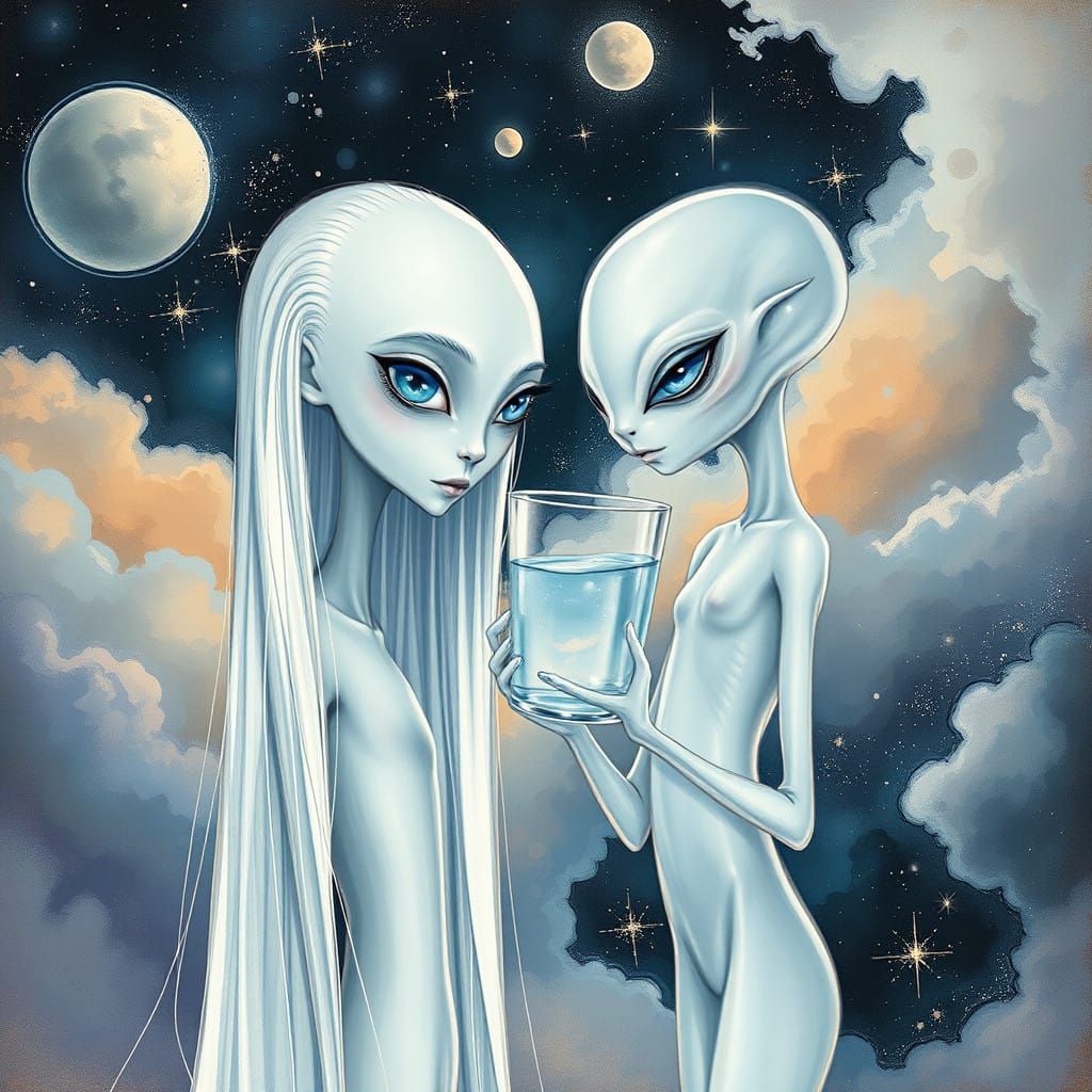 Enigmatic Alien Duo in Ethereal Cosmic Landscape
