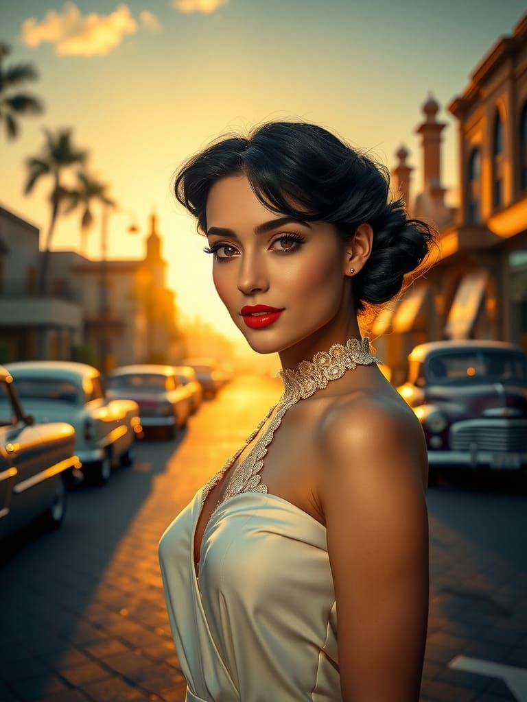 Elegant 1950s American Woman in Sun-Kissed Townscape