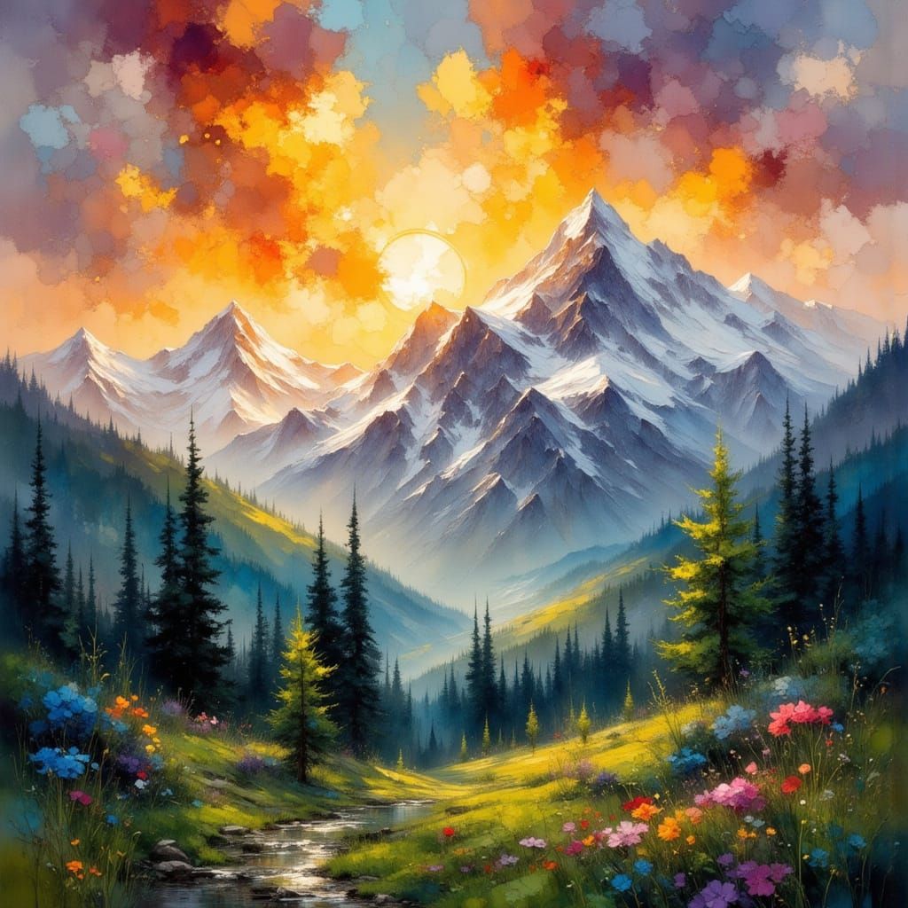 Romantic Mountain Landscape with Painterly Impression