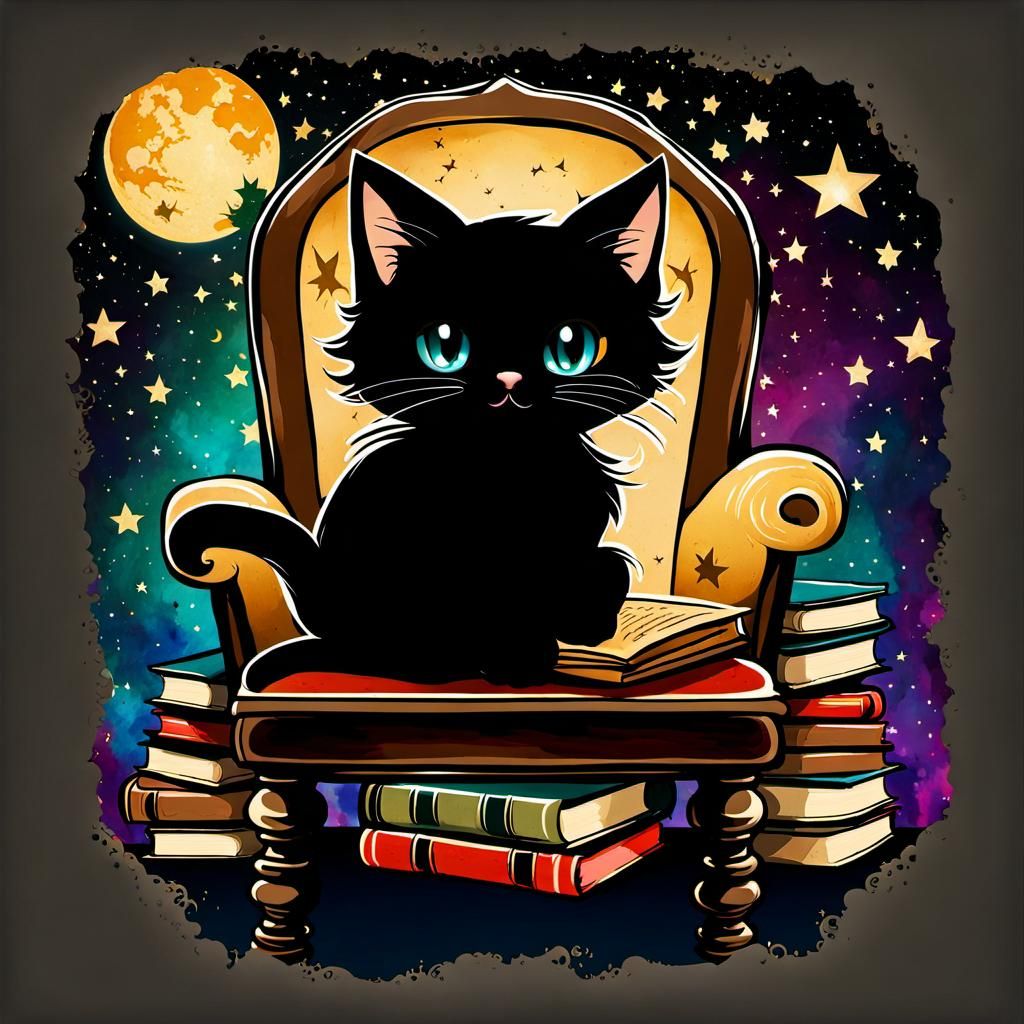 Chibi Black Cat in Starry Room, Vintage Style