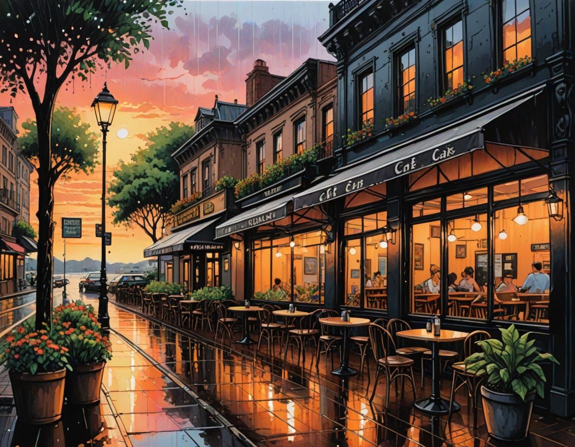 Cafe in Summer Rain with Sunset Lighting