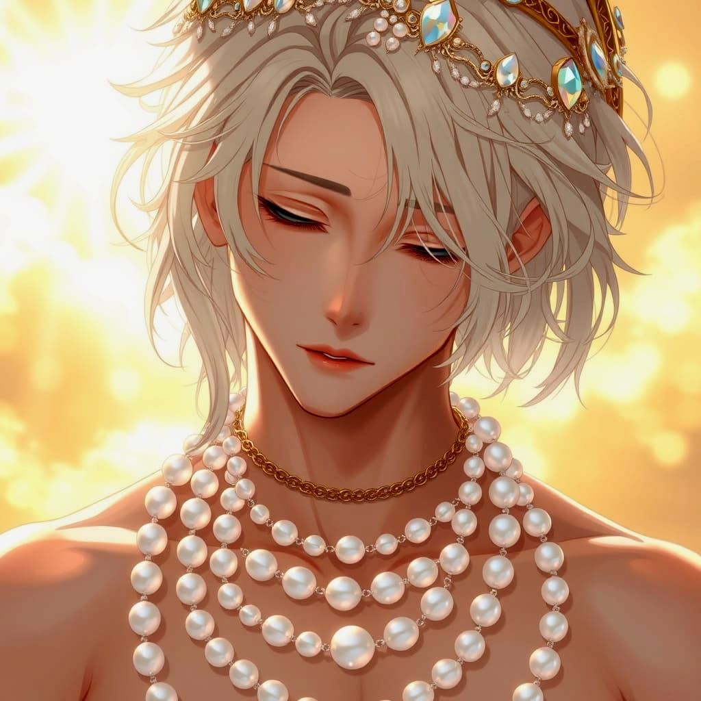 Ethereal Young Man in Luminous Pearls and Soft Focus