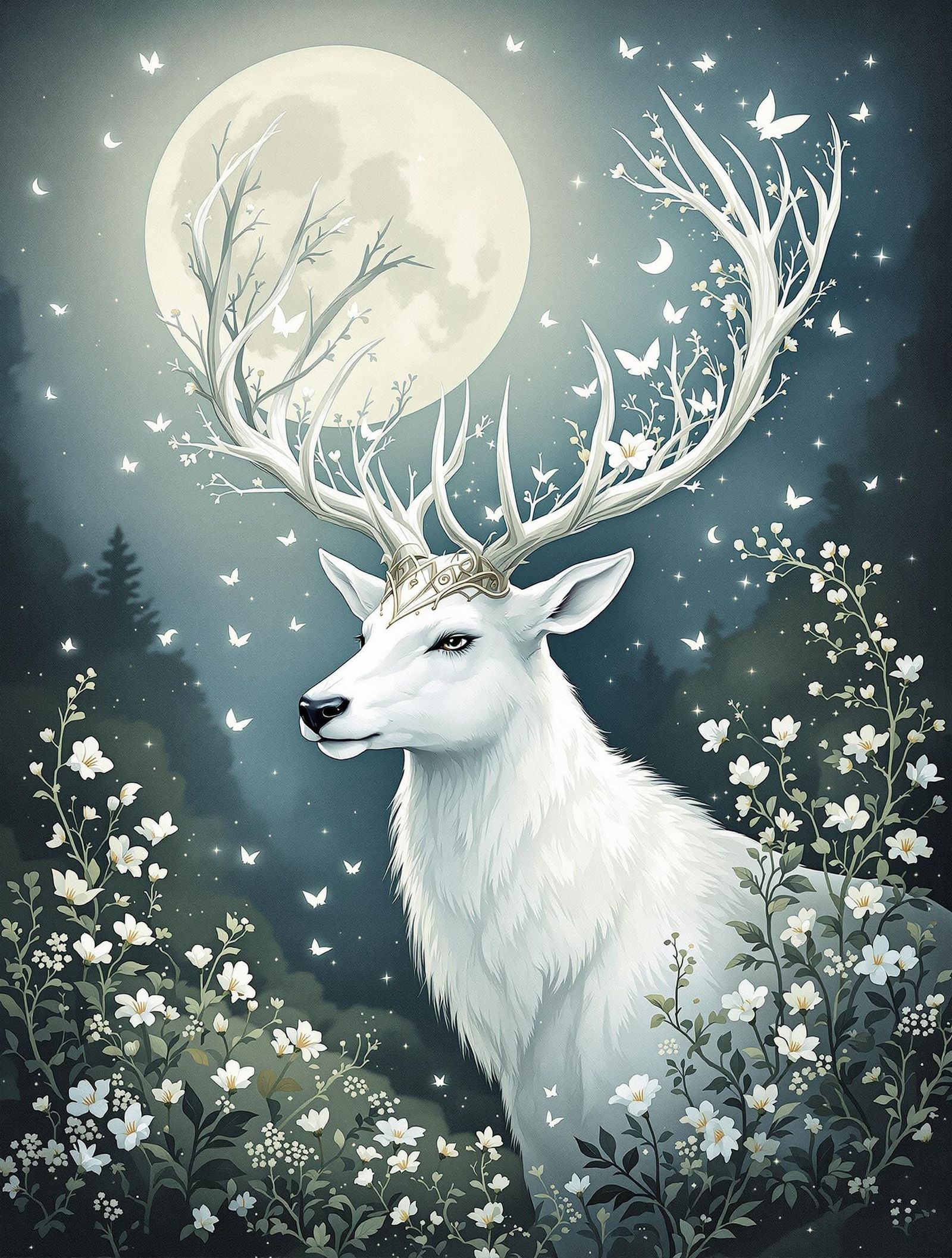 Regal White Stag in Lunar Bloom