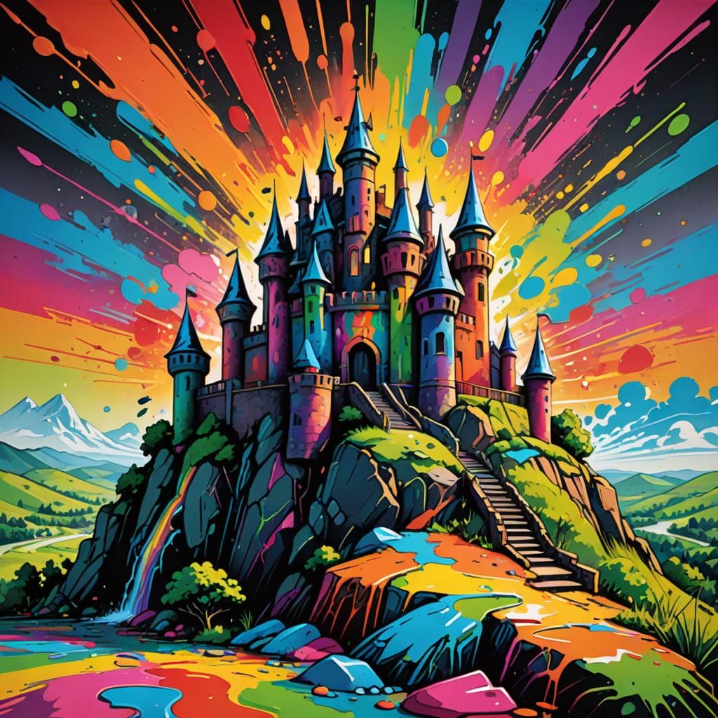 Colorful Crayon Fortress Overlooking Green Landscape