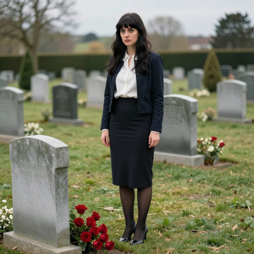 Woman in Black Jacket Visits Gravesite with Roses