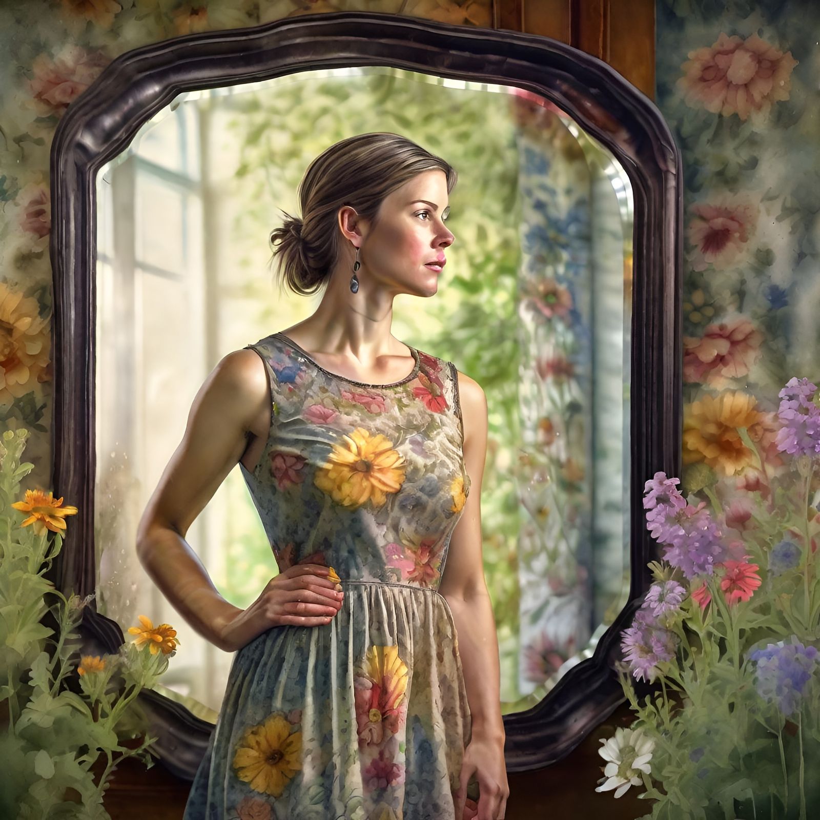 Hyperrealistic Woman in Floral Dress Reflecting