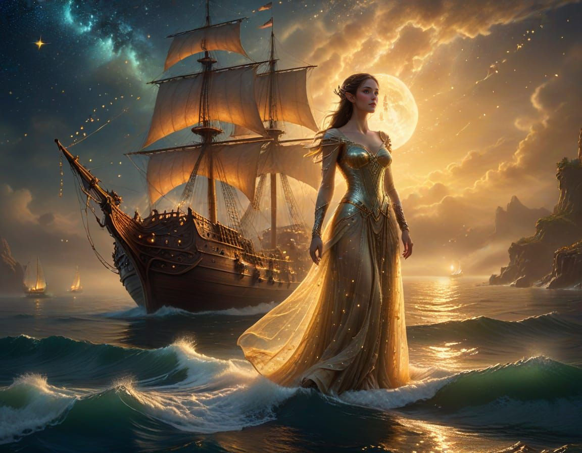 Elven Woman and Luminous Galleon in Dreamy Landscape